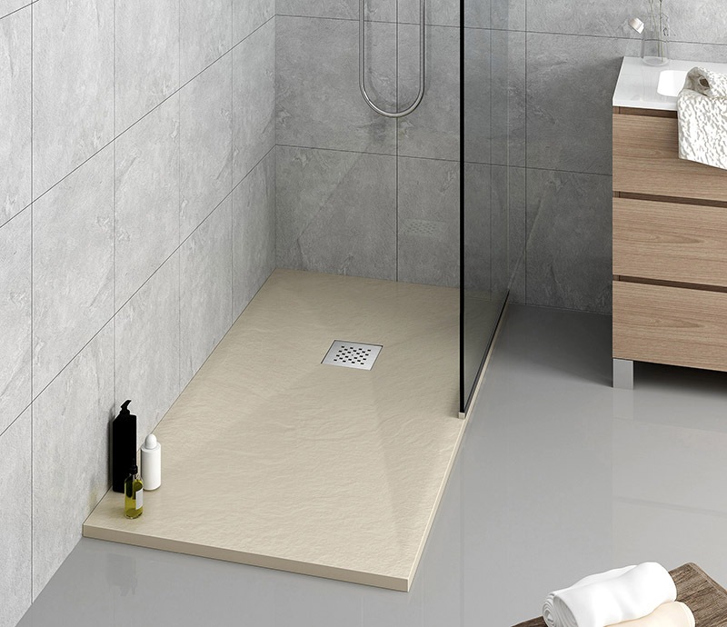 shower tray sizes — rectangular stone resin shower tray in a modern bathroom